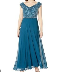 J Kara Teal Maxi Dress with Sparkling Bodice